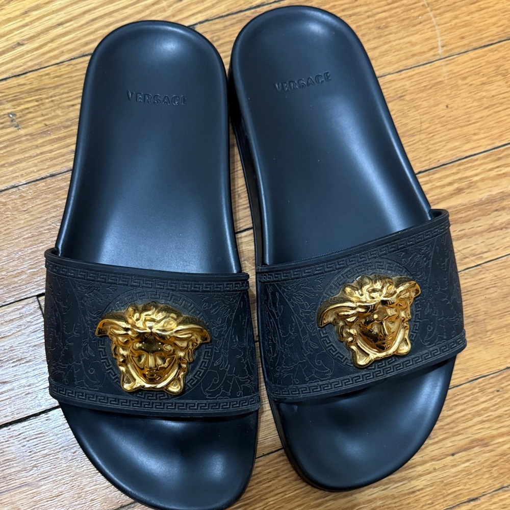 Versace Women’s Black Slides with Gold Medusa